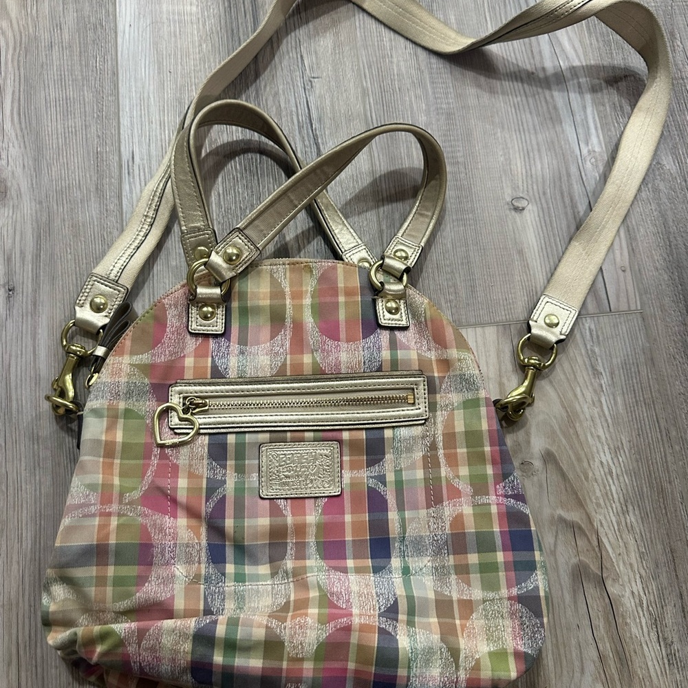 Coach Multicolor  Pastel Plaid Daisy Madras  Crossbody Handbag Purse Signature C